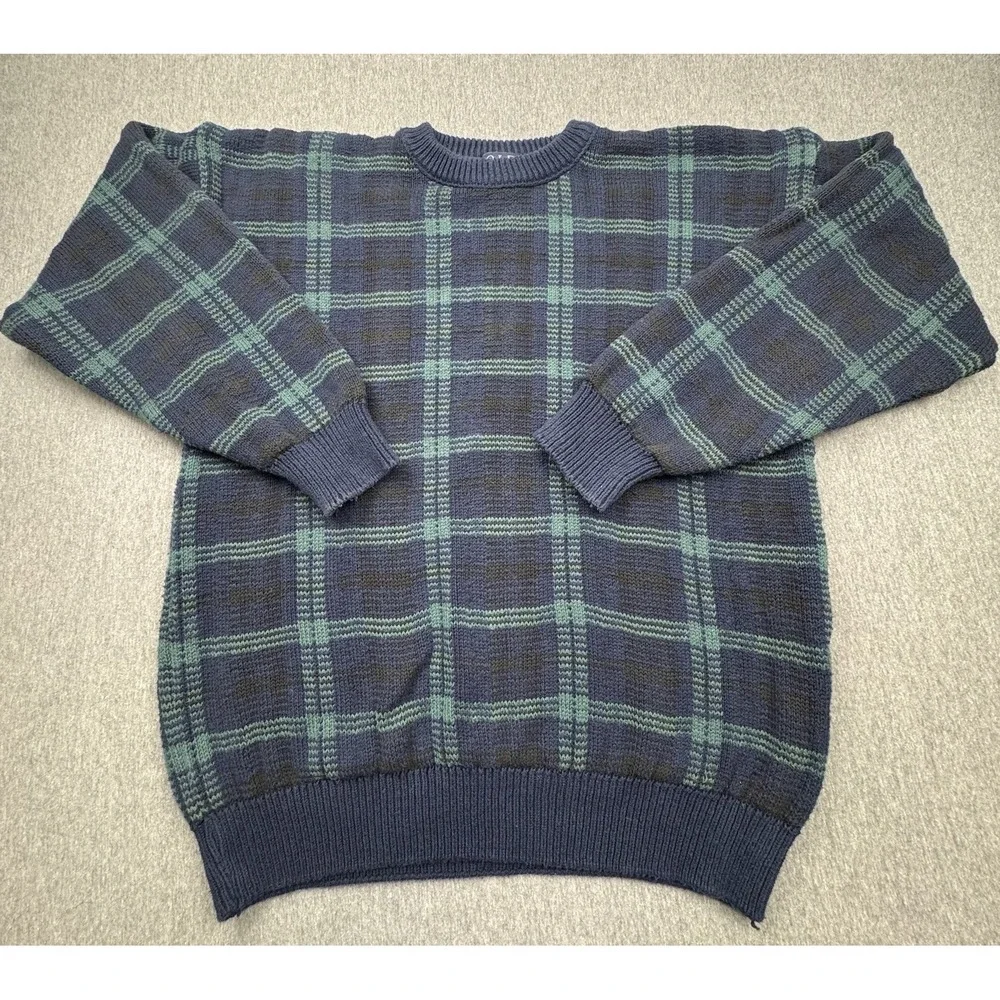 Old Glory Sweater Green Blue Mens Sz L Heavy Cotton Made in USA Vtg Knit Grandpa